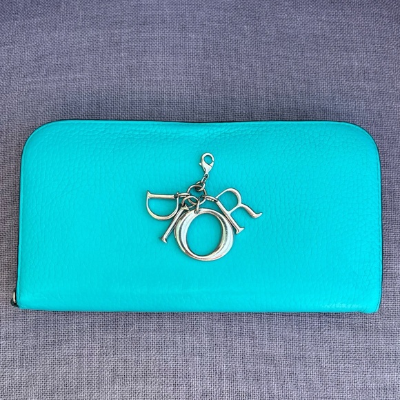 Christian Dior Diorissimo Charm Leather Zip Around Long Wallet Tiffany Turquoise - Picture 1 of 10